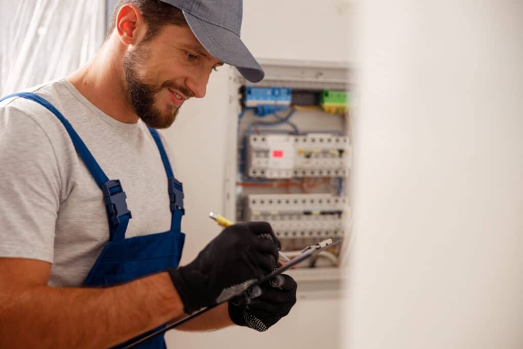 Elektricien controleert bedrading en aansluitingen in een groepenkast