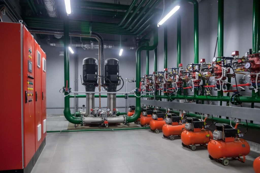 Technische ruimte met pompen en leidingen voor stadsverwarming