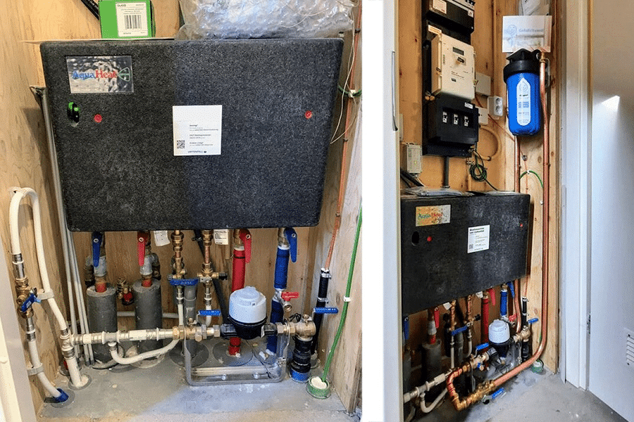 Stadsverwarming warmte-installatie met leidingen en regeltechniek in technische ruimte
