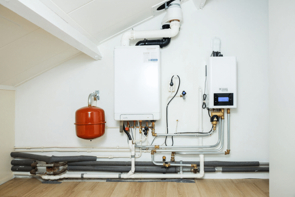 Binneninstallatie van een warmtepomp in een technische ruimte