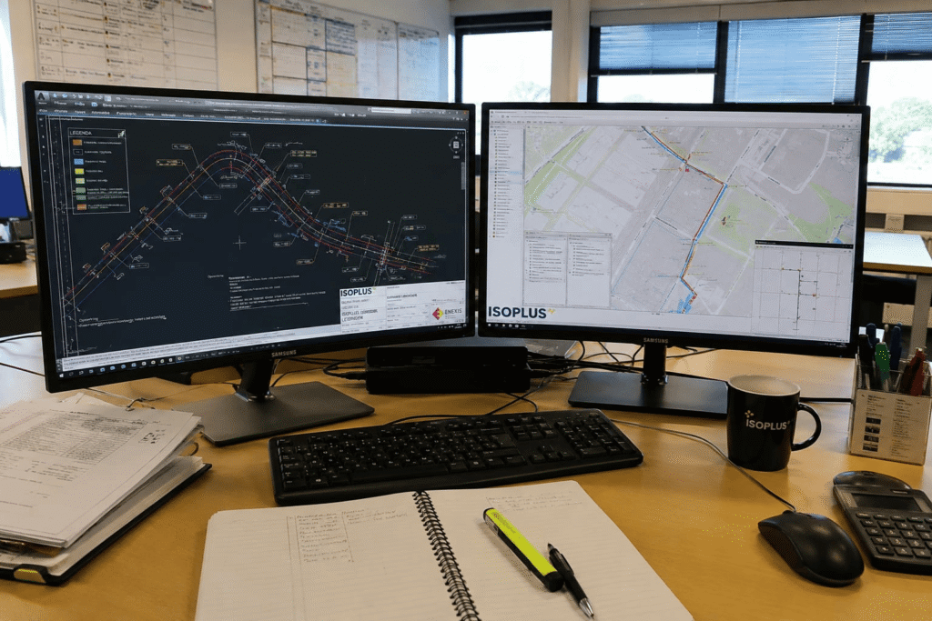 Werkvoorbereiding voor stadsverwarming met technische tekeningen en leidingtracé